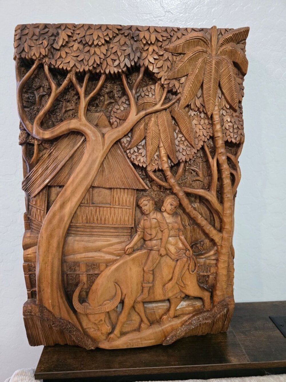Vintage Balinese Hand Carved Wood High Relief 3D Wall Panel Carving 13.5x20